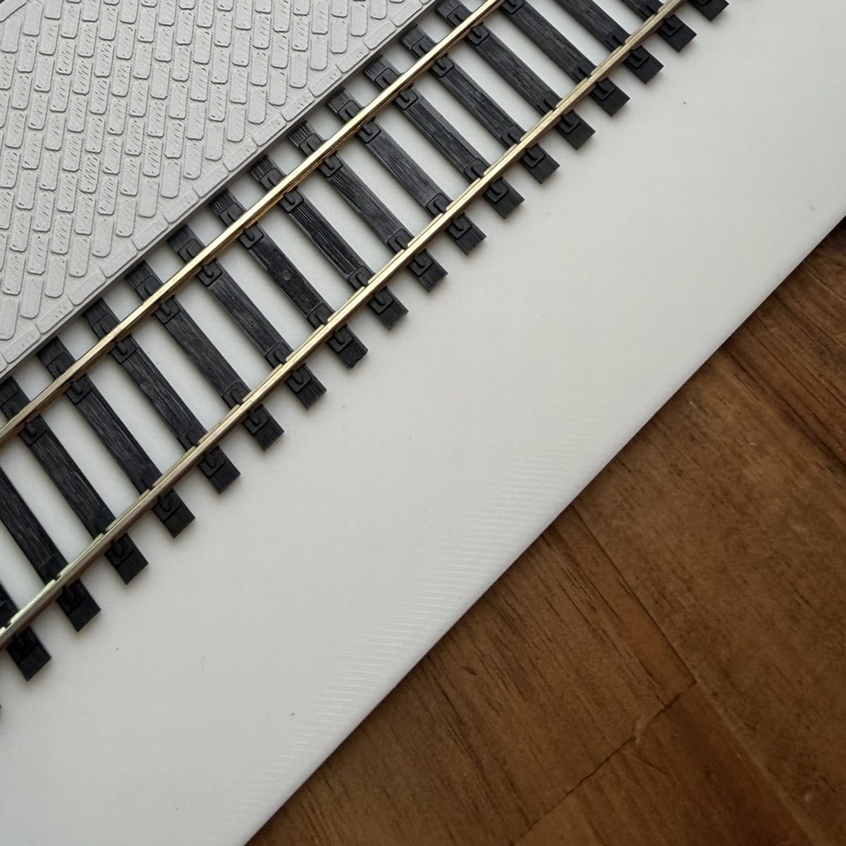 Real print: close-up of the paved deck next to the nickel-silver rails and ties of Atlas code 100 track