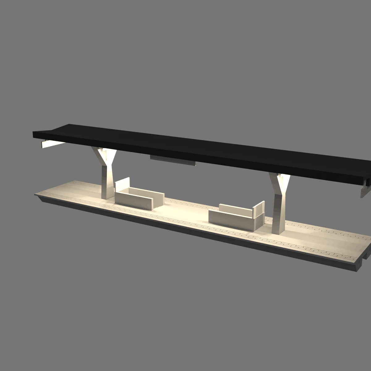 Evening render: the V roof station lit from the roof channel by a Viessmann 5050 LED strip